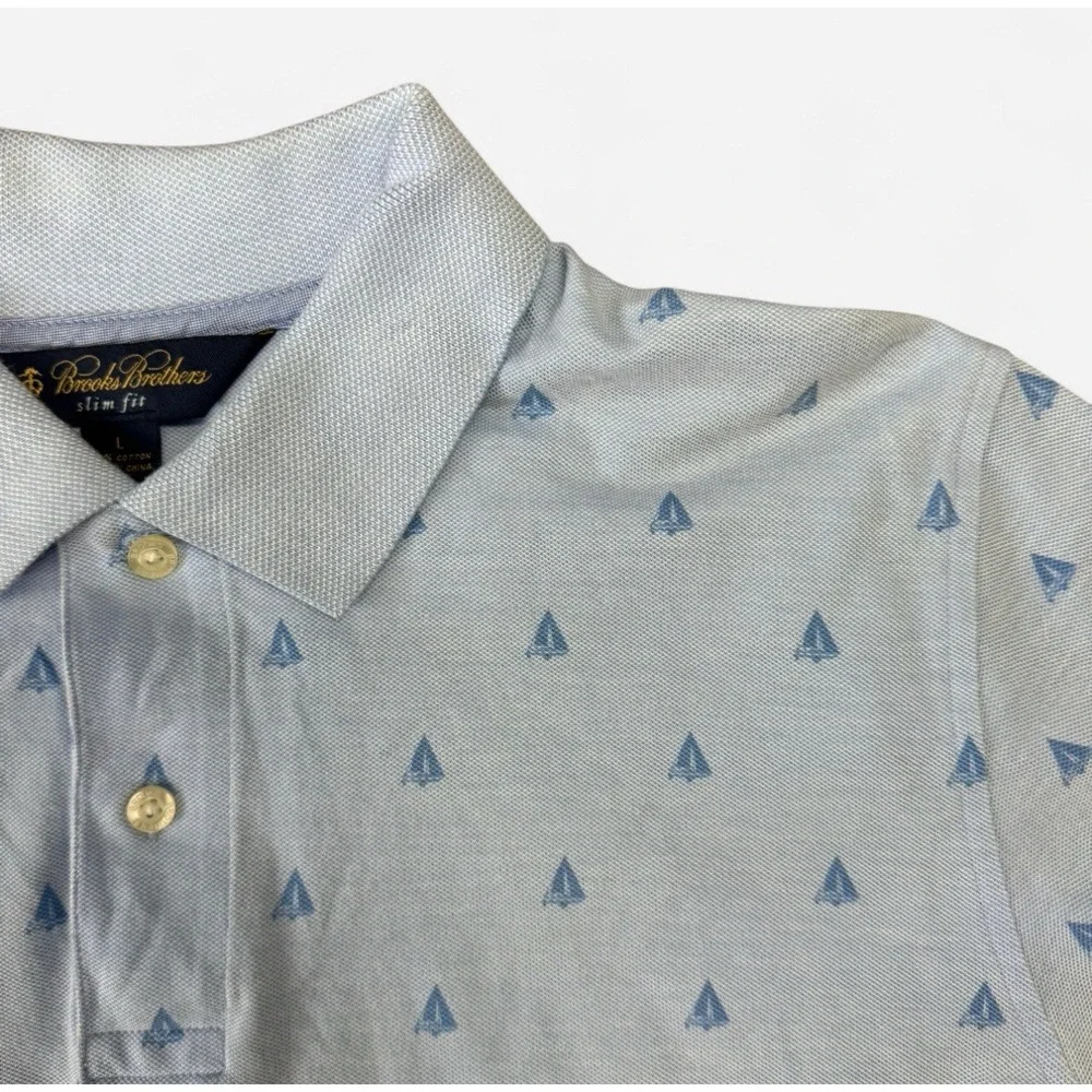 Brooks‎ Brothers Slim Fit Polo Shirt L Gray Blue Sailboat Print Cotton